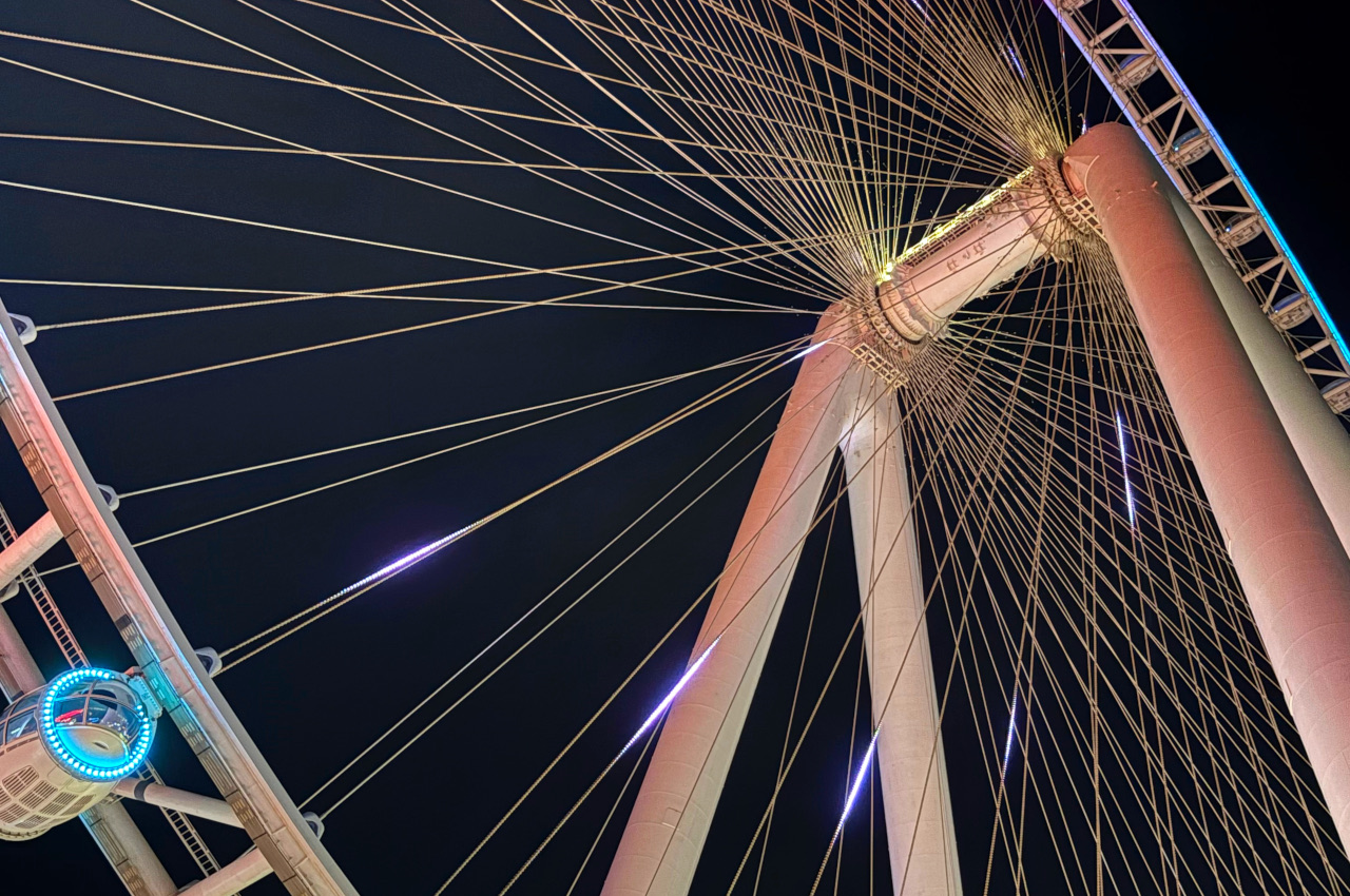 Diagonal view of Ain Dubai at night, showing illuminated spokes, steel cables and a cabin against a dark sky.