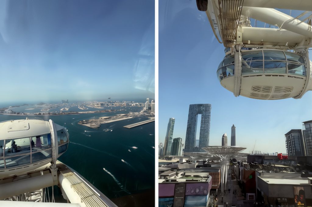 Split image showing daytime views from Ain Dubai cabins: on the left, the wheel’s cabin and the coastline with Palm Jumeirah; on the right, a cabin above Bluewaters Island with modern high-rise towers in the background.