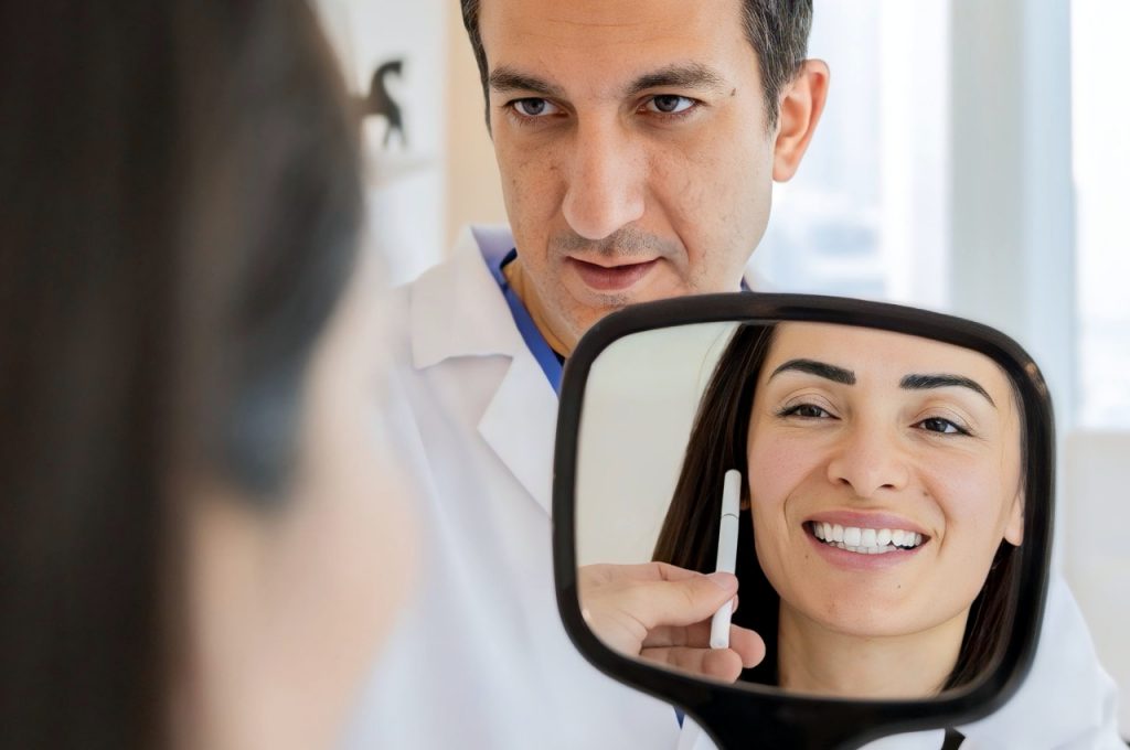 Doctor showing a patient her smile in a mirror during an aesthetic consultation at a Dubai clinic.