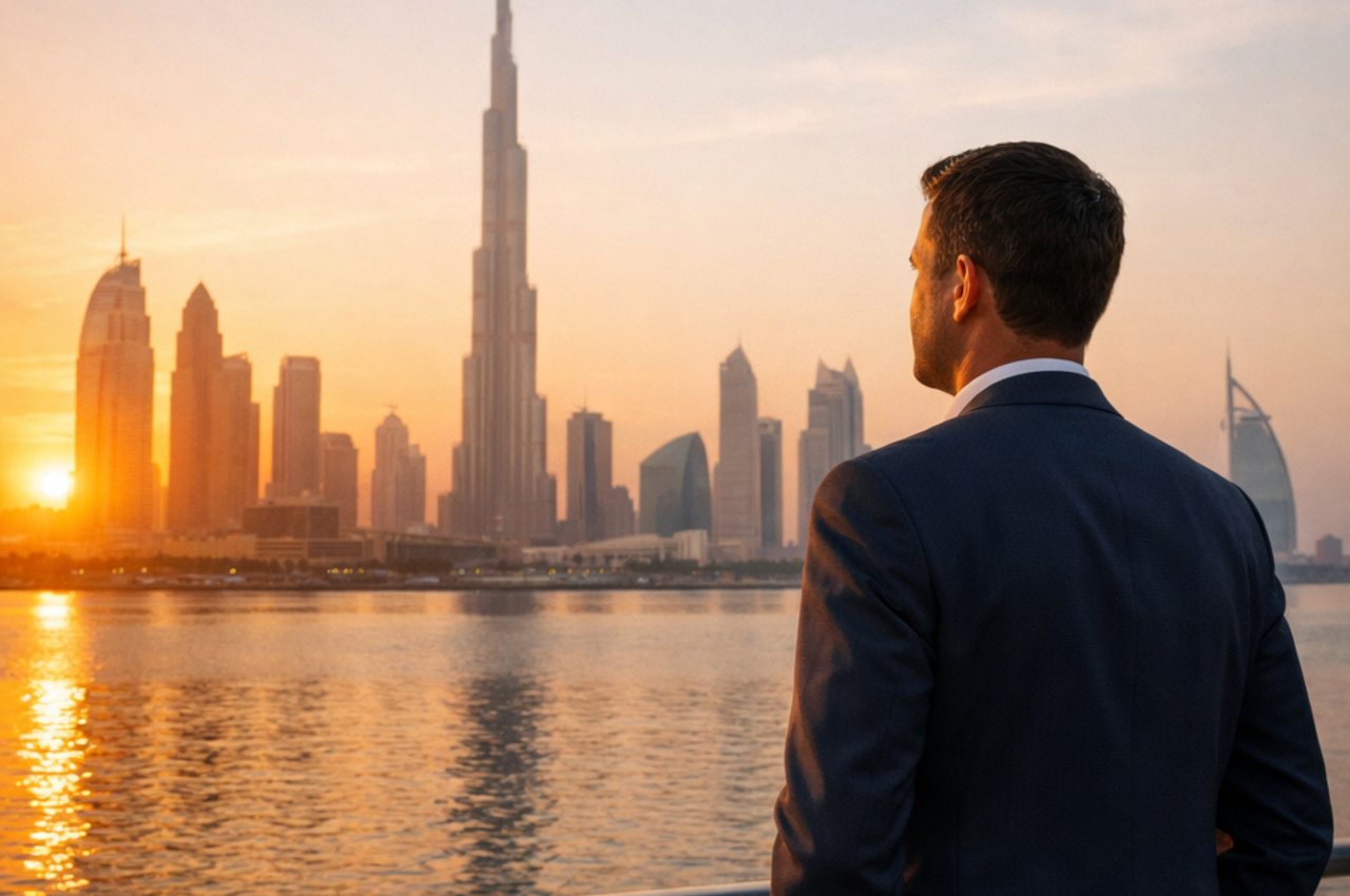 Illustrative image of a businessman overlooking the Dubai skyline at sunset.