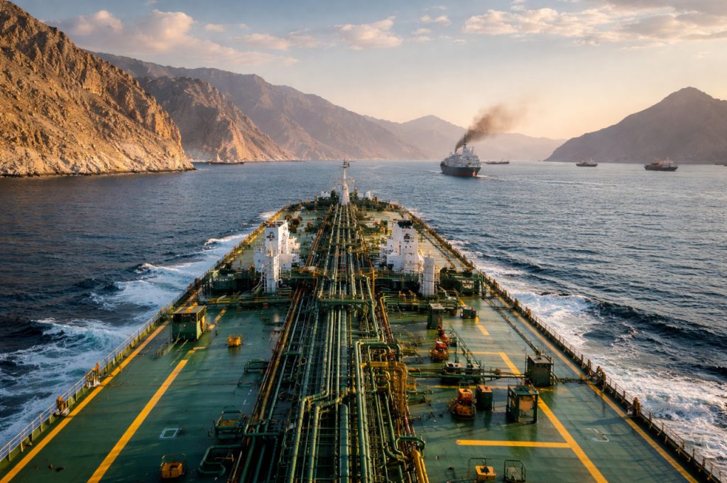 Large oil tanker on calm water in a rocky strait at warm evening light, with several other ships visible in the distance.