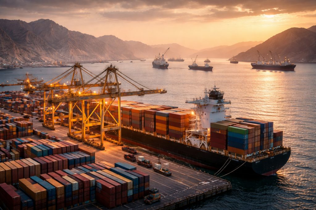 Large container ship at a port with cranes and stacked containers at sunset, with additional cargo vessels near a mountainous coastline in the background
