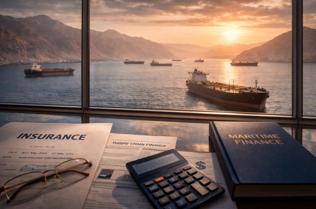 Desk with insurance and maritime finance documents, glasses, and a calculator in front of large windows overlooking several cargo ships in a narrow coastal waterway at sunset.
