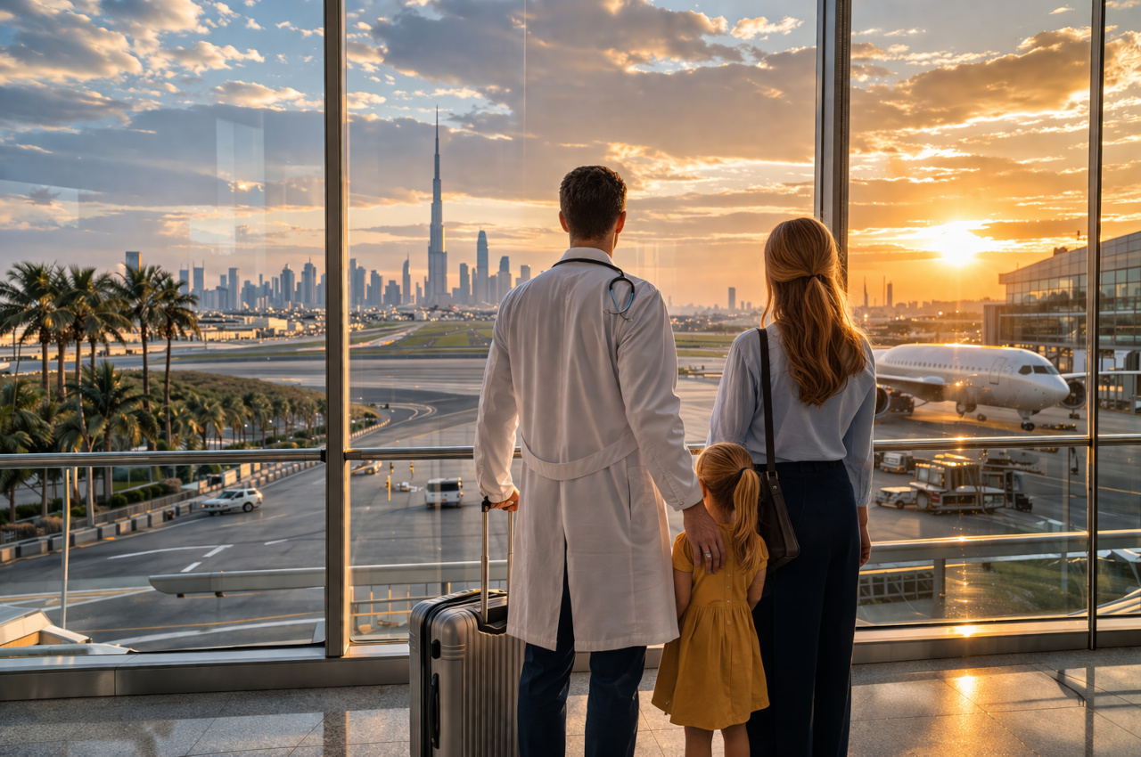 A doctor in a white coat stands with his wife and child inside a modern airport terminal, looking through large windows toward the runway, an airplane, and a city skyline at sunset.