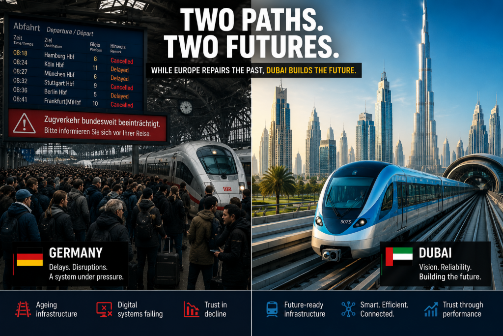 A split-screen comparison contrasts rail transportation in Germany and Dubai. On the left, a crowded German train station shows passengers gathered around an ICE train beneath a departure board displaying multiple delays and cancellations, symbolizing infrastructure challenges and service disruptions. On the right, a modern Dubai Metro train travels through a futuristic cityscape dominated by the Burj Khalifa and contemporary skyscrapers, representing innovation, efficiency, and urban development. Large text across the top reads, “Two Paths. Two Futures. While Europe Repairs the Past, Dubai Builds the Future.” Icons and captions at the bottom highlight themes of ageing infrastructure and declining trust in Germany versus future-ready infrastructure, connectivity, and performance-driven trust in Dubai.