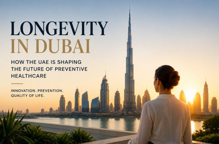 Longevity in Dubai featuring the Dubai skyline at sunrise, symbolizing preventive healthcare, innovation, healthy ageing, and the future of medicine in the UAE.