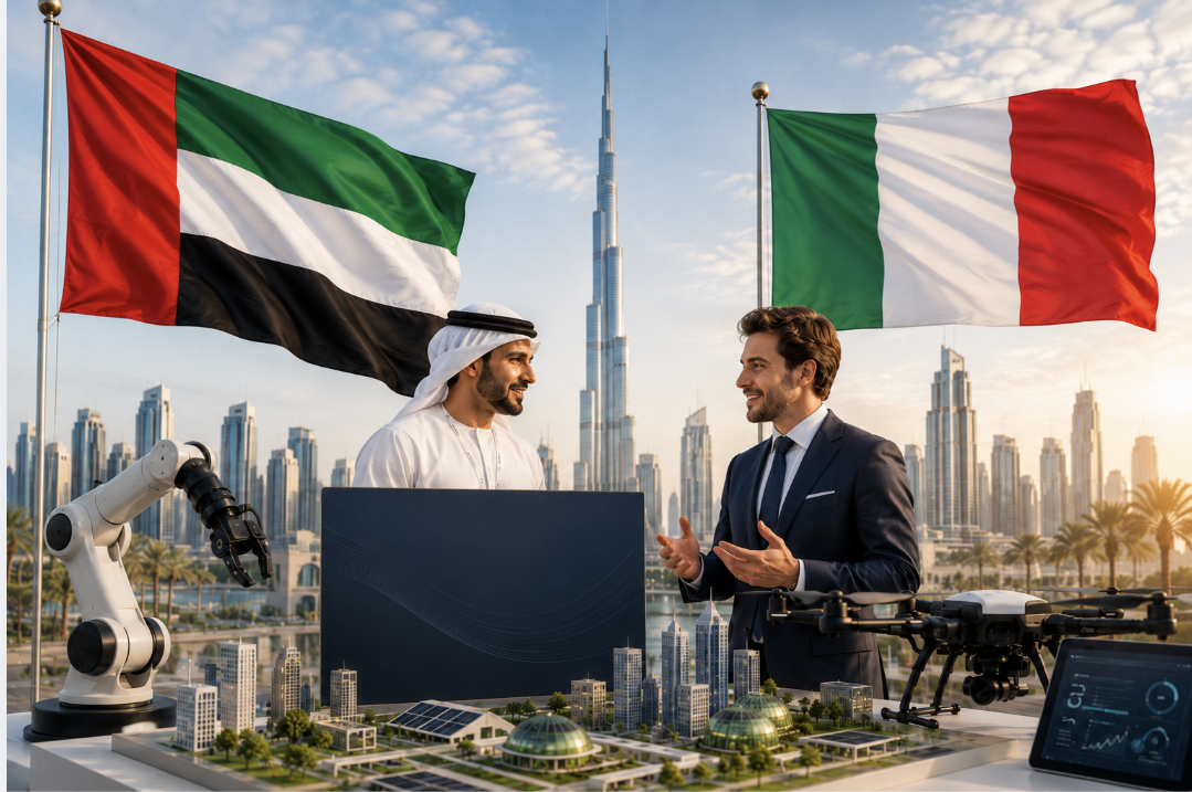 An Emirati entrepreneur and an Italian businessman discuss innovation beside robotics, drone technology, and a sustainable city model, with the UAE and Italian flags and Dubai skyline in the background.