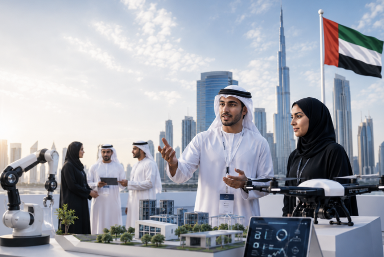 Emirati innovators showcase robotics, drone technology, and a sustainable city model against the Dubai skyline, with the UAE flag and Burj Khalifa in the background.