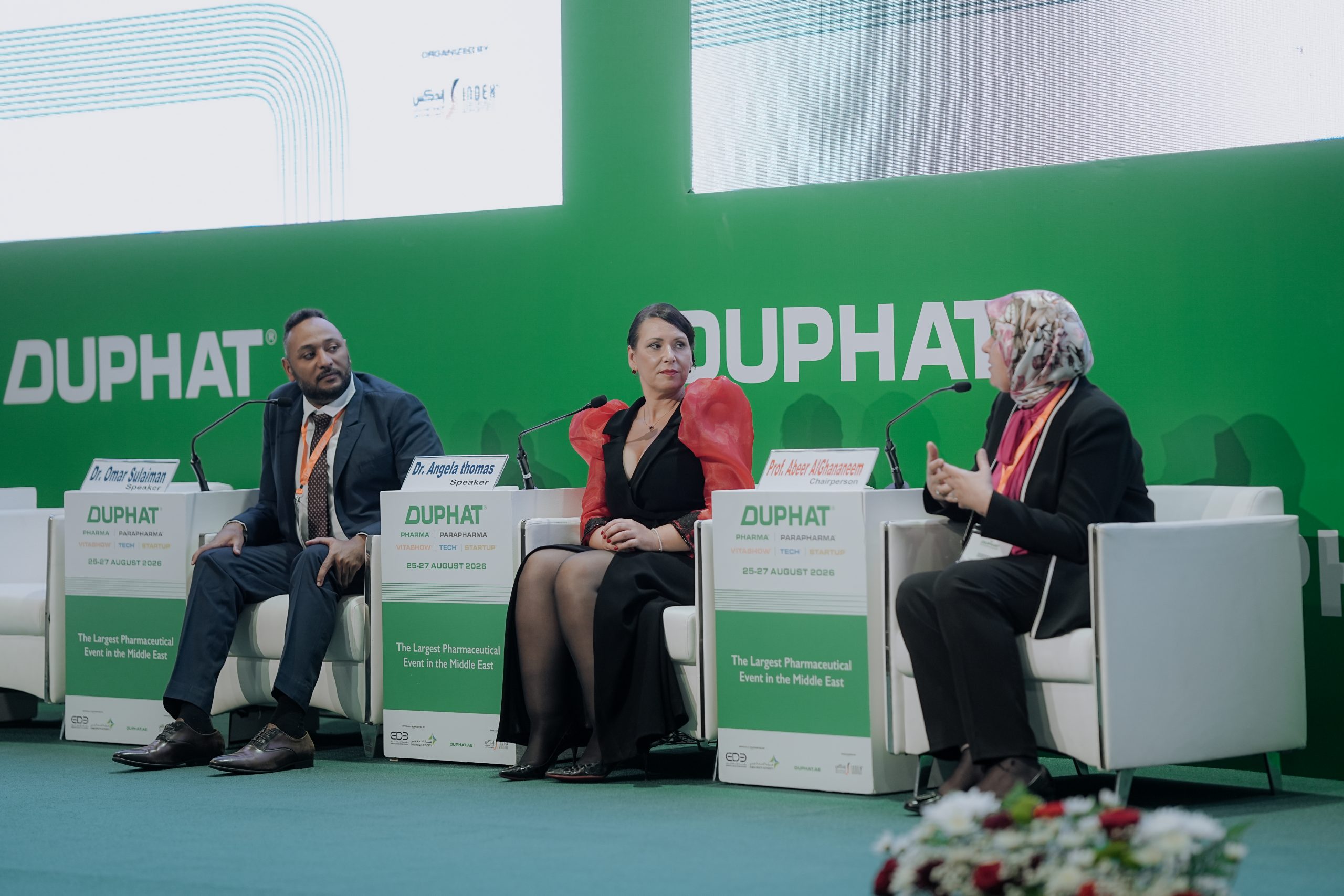 Dr. Angela Thomas joins a panel discussion on healthcare workforce sustainability at DUPHAT 2026 in Dubai.